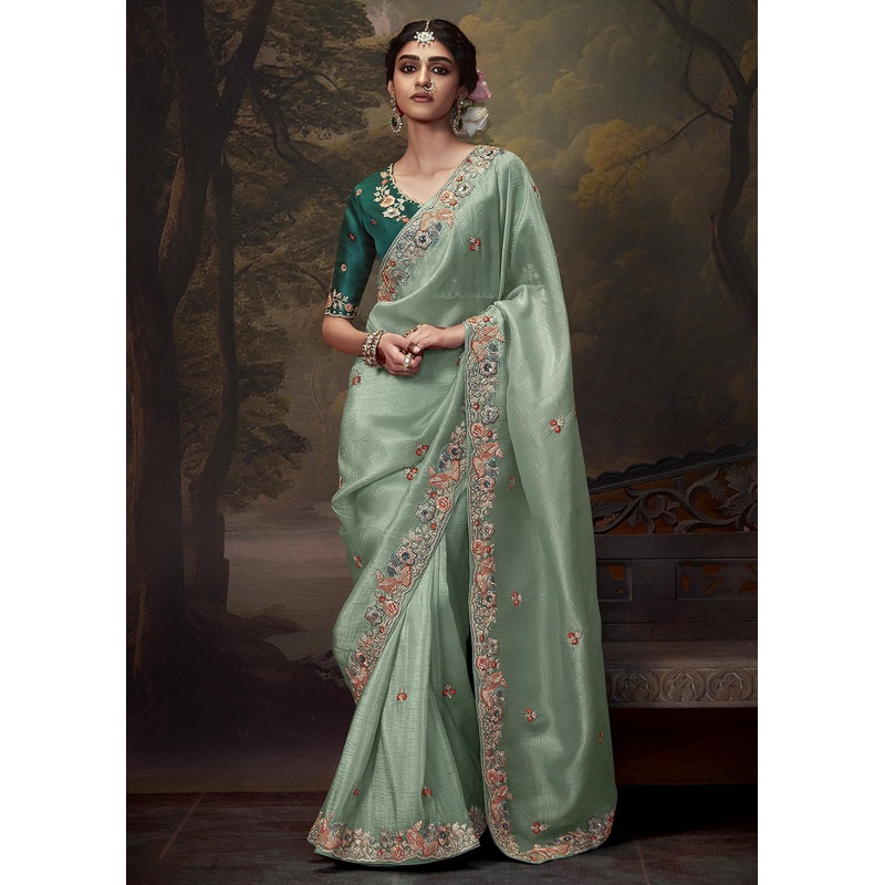 Mint Teal Fancy Fabric Embroidered Festive Saree