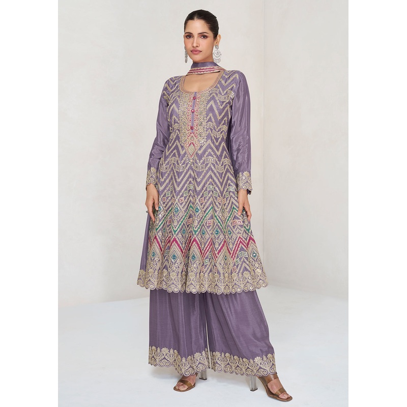 Multi Embroidered Purple Chinnon Palazzo Style Suit