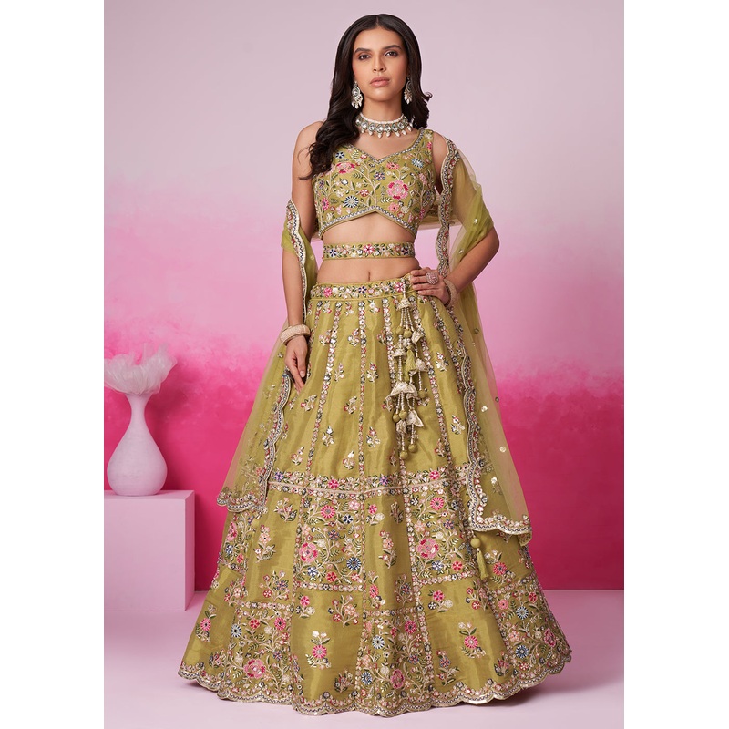Mustard Net Ethnic Embroidered Bridal Wear Lehenga Choli