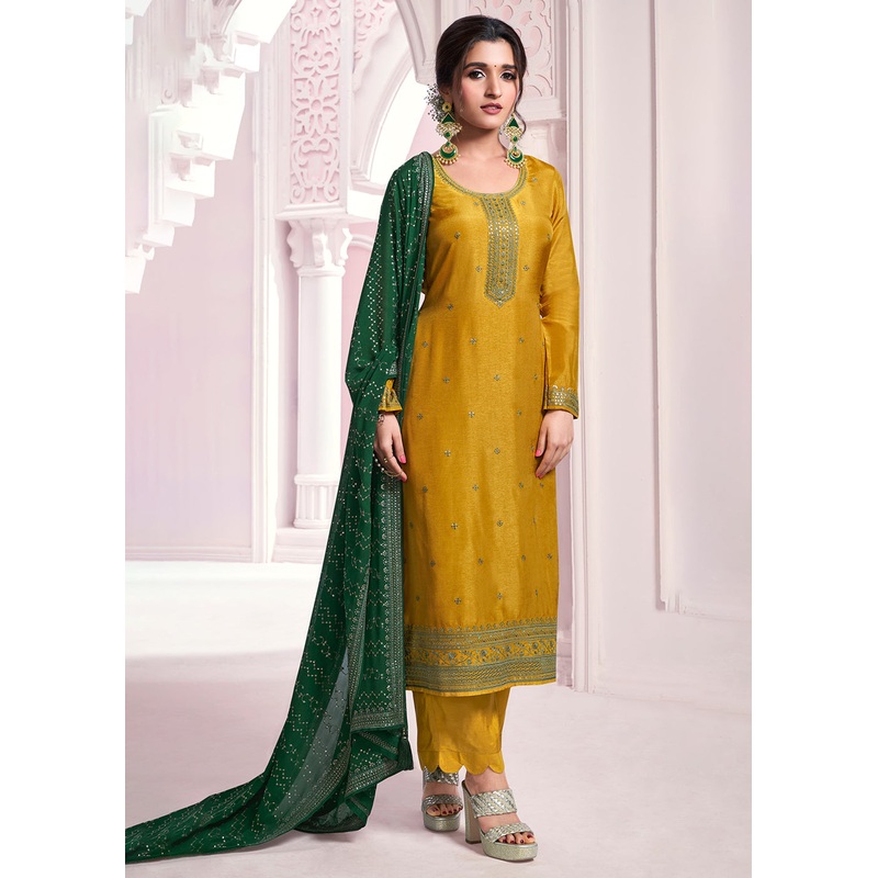 Mustard Yellow Thread Embroidered Silk Salwar Suit