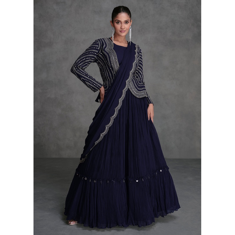 Navy Blue Crop Top Style Designer Indo Western Lehenga