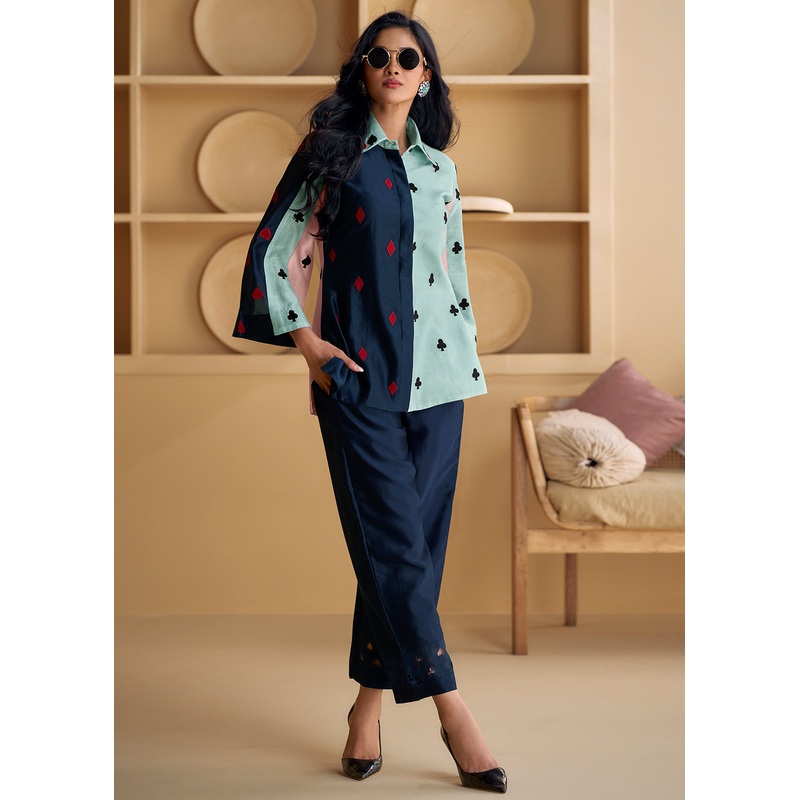 Navy & Ice Blue Silk Party Wear Indo-Western Co-Ords Set