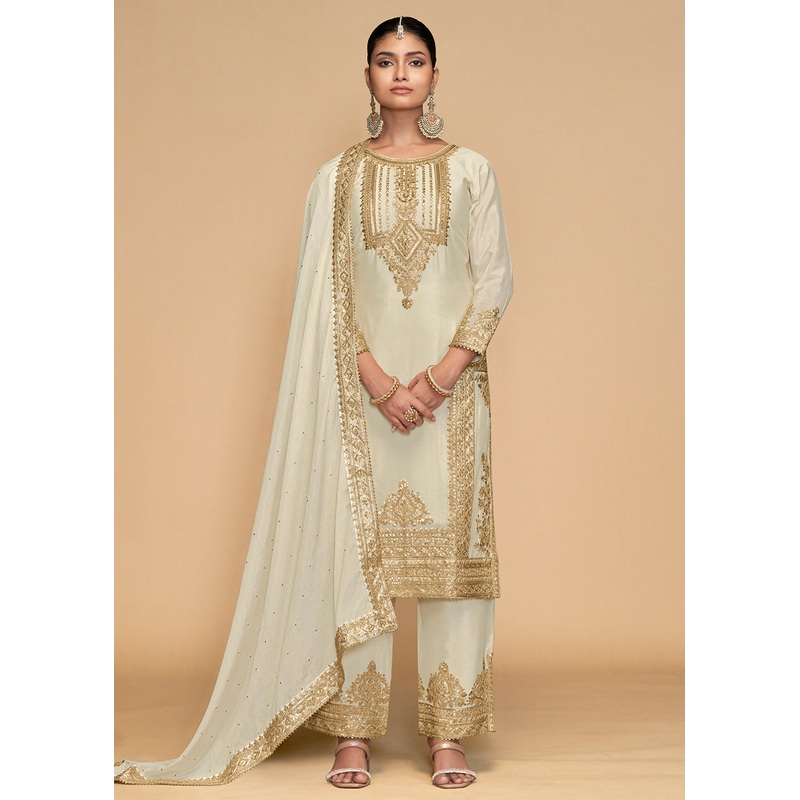 Off White Beautiful Embroidered Pant Style Salwar Suit
