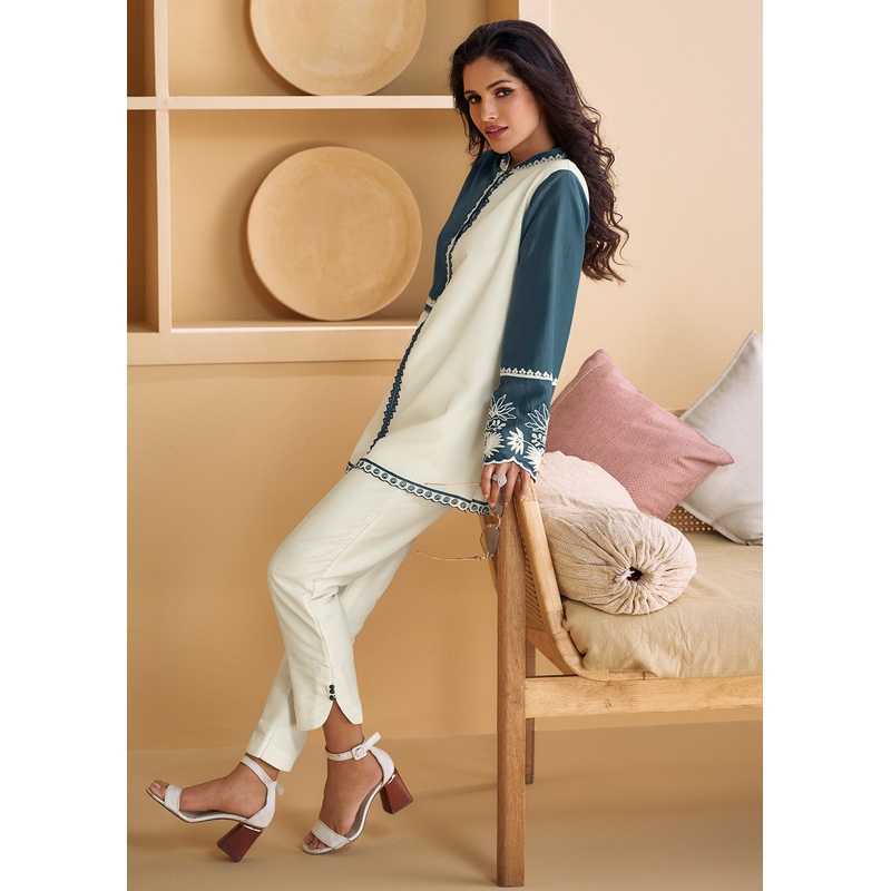 Off White & Blue Silk Party Wear Indo-Western Co-Ords Set