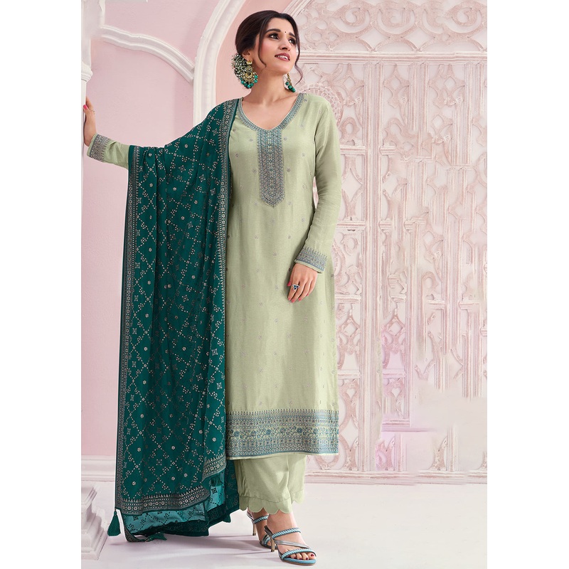 Pastel Green Thread Embroidered Silk Salwar Suit