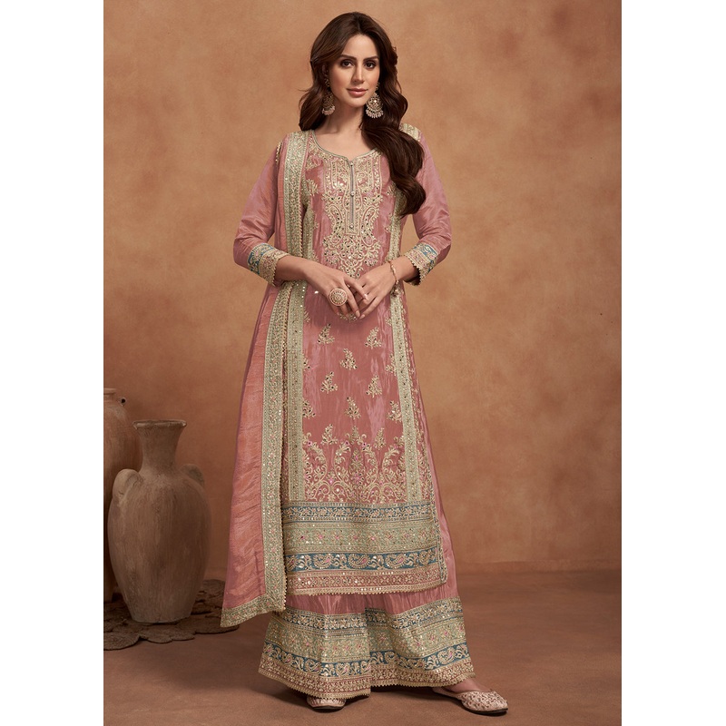 Peachy Pink Embroidered Real Simar Silk Palazzo Suit