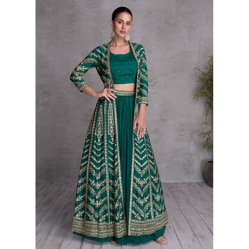 Pine Green Embroidered Jacket Style Indo Western Dress