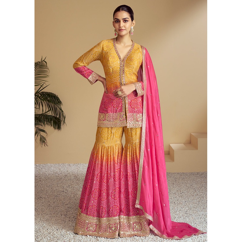 Pink & Yellow Ombre Kurti Style Gharara Style Suit