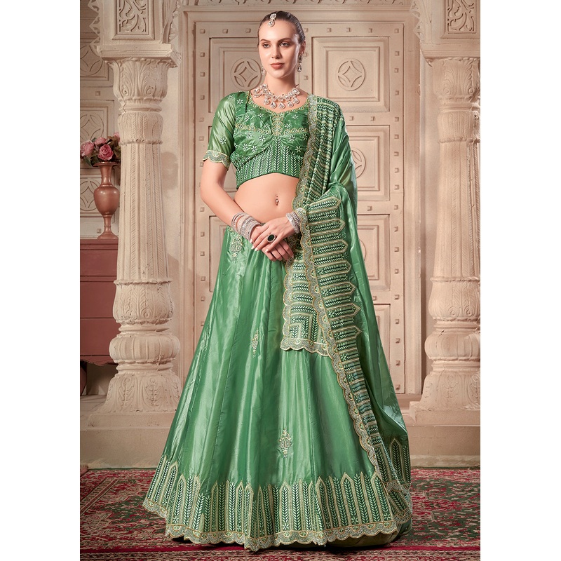 Pista Green Soft Paper Silk Wedding Wear Lehenga Choli
