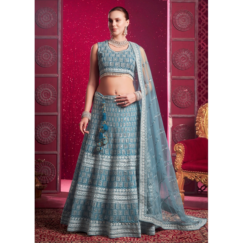 Premium Net Pastel Blue Embroidered Designer Lehenga Choli