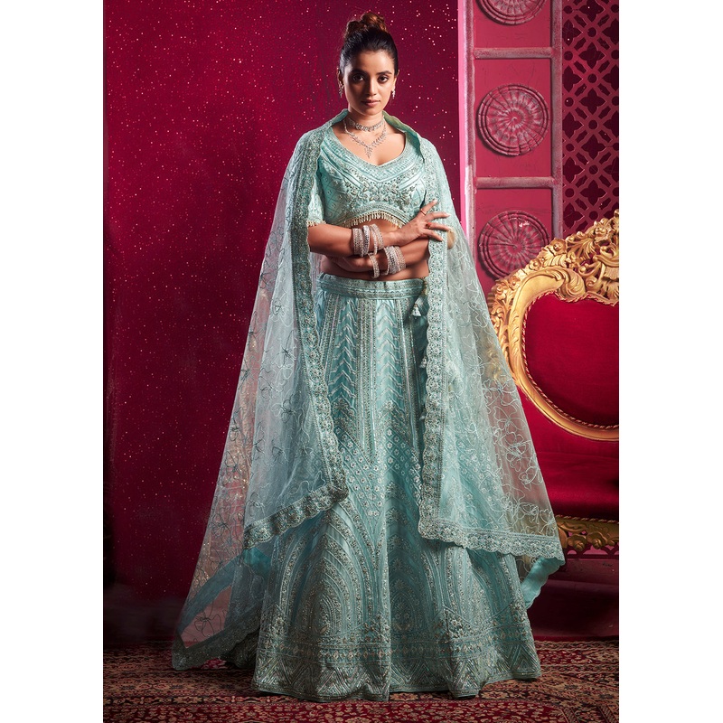 Premium Net Sky Blue Embroidered Designer Lehenga Choli