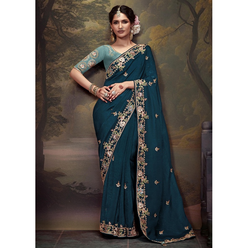 Prussian Blue Fancy Fabric Embroidered Festive Saree