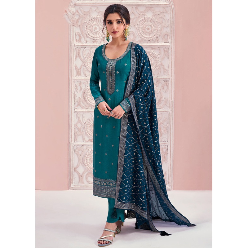 Prussian Blue Thread Embroidered Silk Salwar Suit
