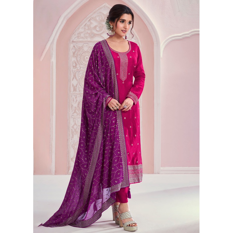 Rani Pink Thread Embroidered Silk Salwar Suit