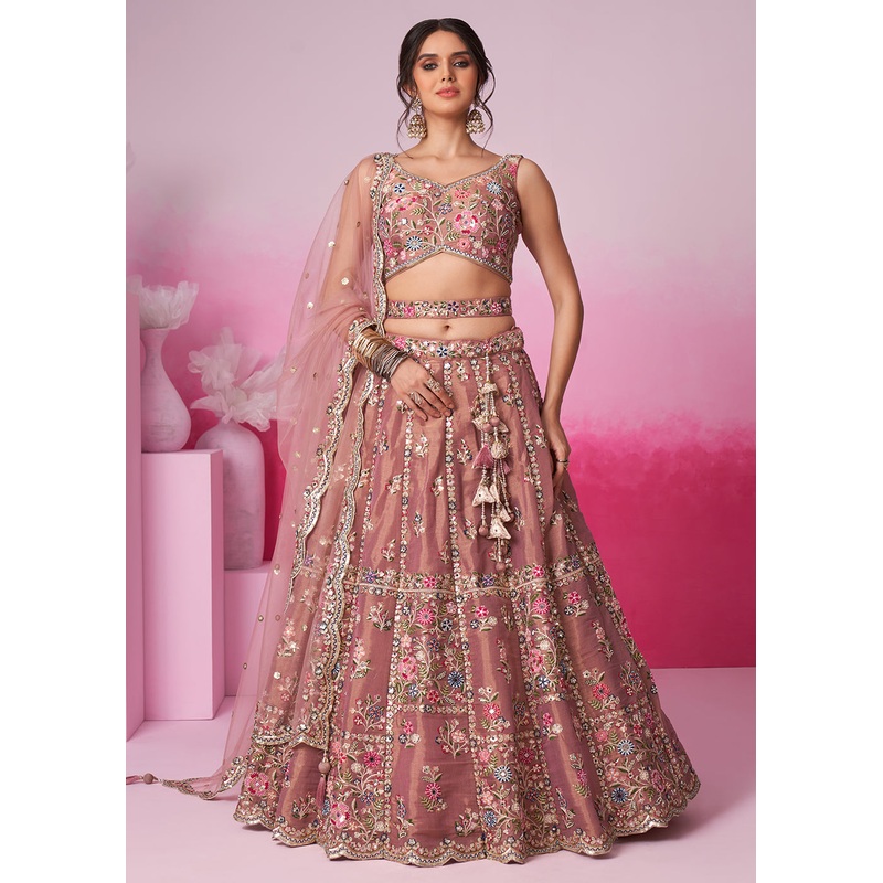Rose Gold Net Ethnic Embroidered Bridal Wear Lehenga Choli