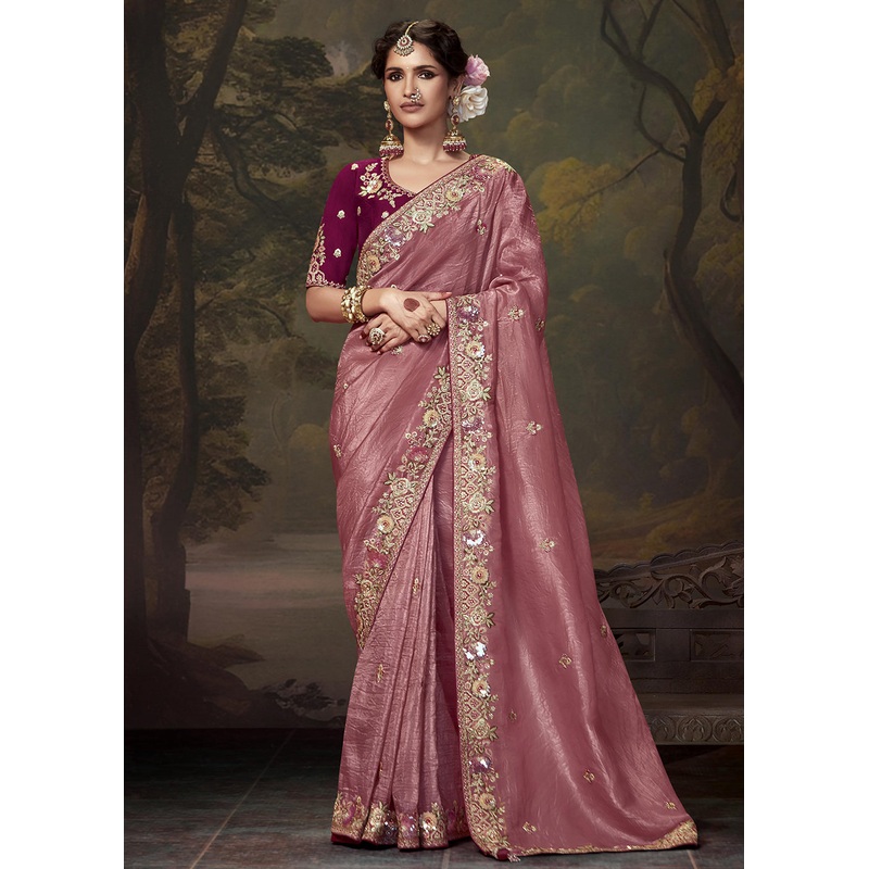 Rose Pink Fancy Fabric Embroidered Festive Saree