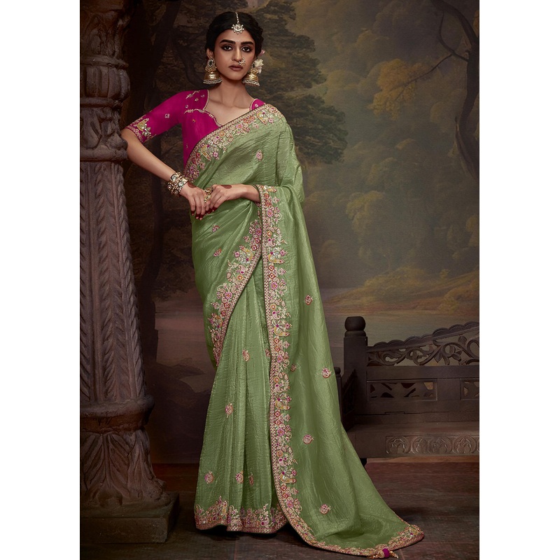 Sage Green Fancy Fabric Embroidered Festive Saree