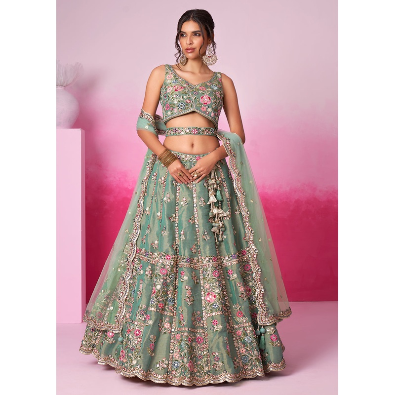Sea Green Net Ethnic Embroidered Bridal Wear Lehenga Choli