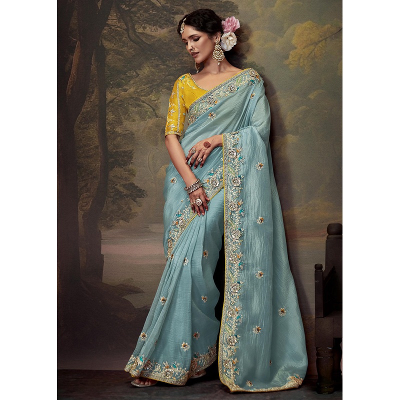Sky Blue Fancy Fabric Embroidered Festive Saree