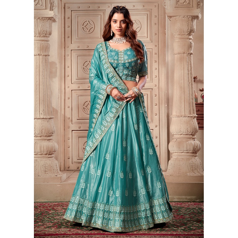 Sky Blue Soft Paper Silk Wedding Wear Lehenga Choli