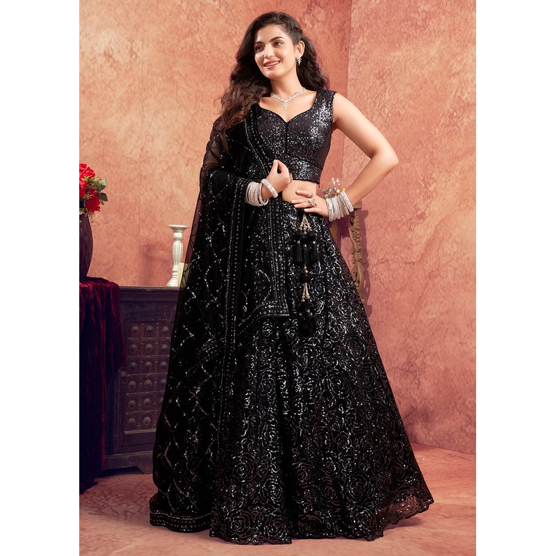 Stylish Black Premium Net Sequins Designer Lehenga Choli