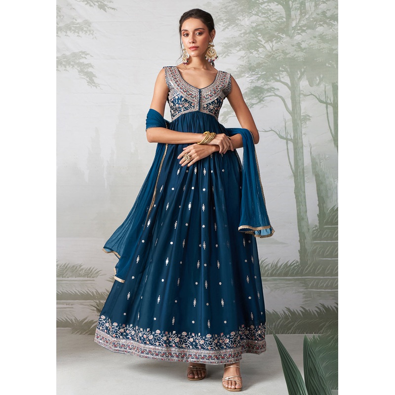 Teal Blue Multi Thread Embroidered Anarkali Style Suit