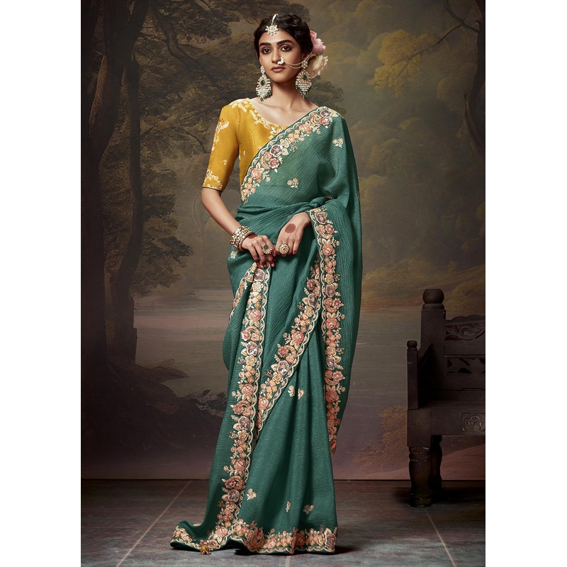 Teal Green Fancy Fabric Embroidered Festive Saree