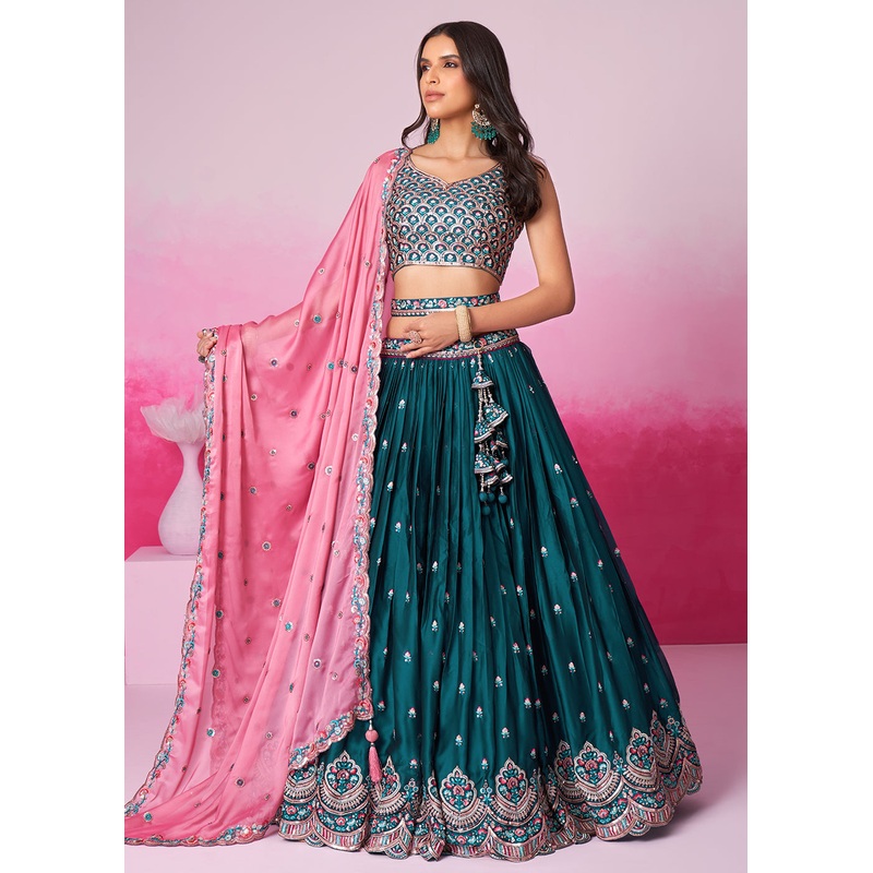 Teal Pure Georgette Embroidered Bridesmaids Lehenga Choli