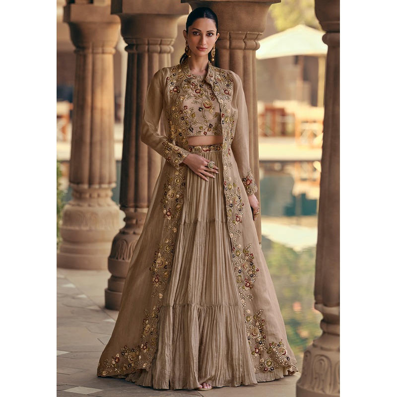 Tempting Beige Embroidered Designer Indo Western Dress