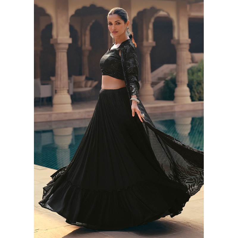 Tempting Black Embroidered Designer Indo Western Dress