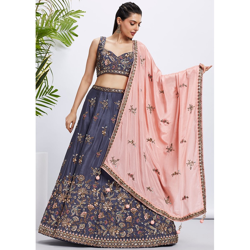 Violet Pure Chiffon Sequins & Thread Designer Lehenga Choli