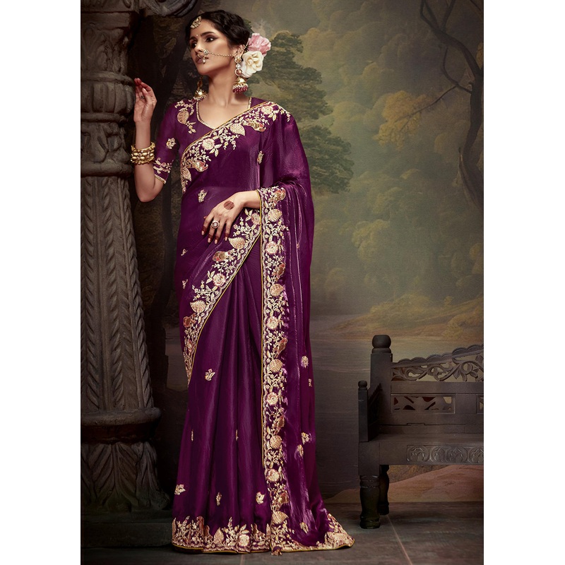 Wine Fancy Fabric Embroidered Festive Saree
