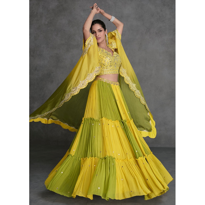 Yellow & Green Crop Style Designer Indo Western Lehenga