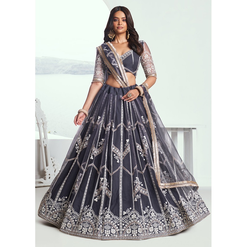 Adorable Dark Grey Embroidered Wedding Wear Lehenga Choli