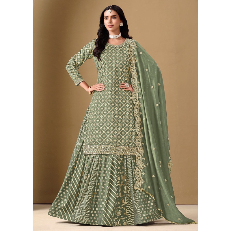 Alluring Green Lehenga Style Embroidered Festive Dress