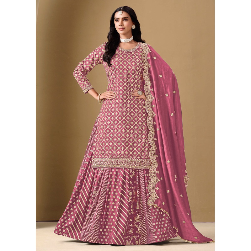 Alluring Pink Lehenga Style Embroidered Festive Dress