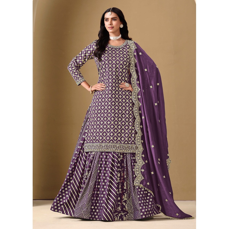 Alluring Purple Lehenga Style Embroidered Festive Dress
