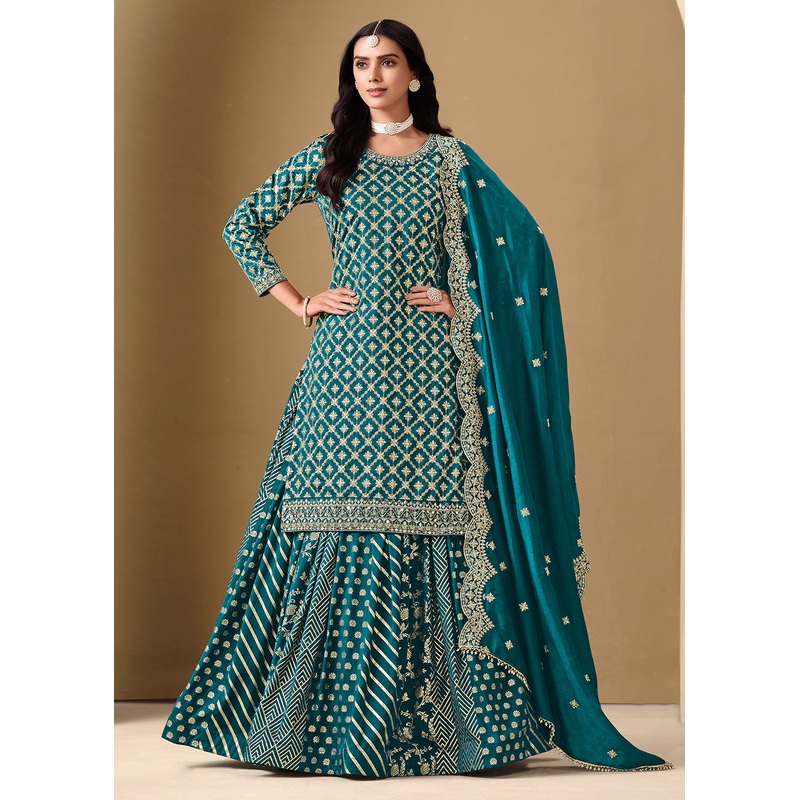 Alluring Teal Lehenga Style Embroidered Festive Dress
