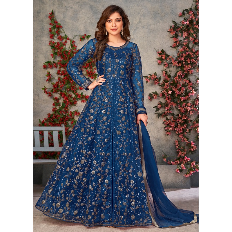 Astounding Blue Wedding Function Pant Style Anarkali Suit