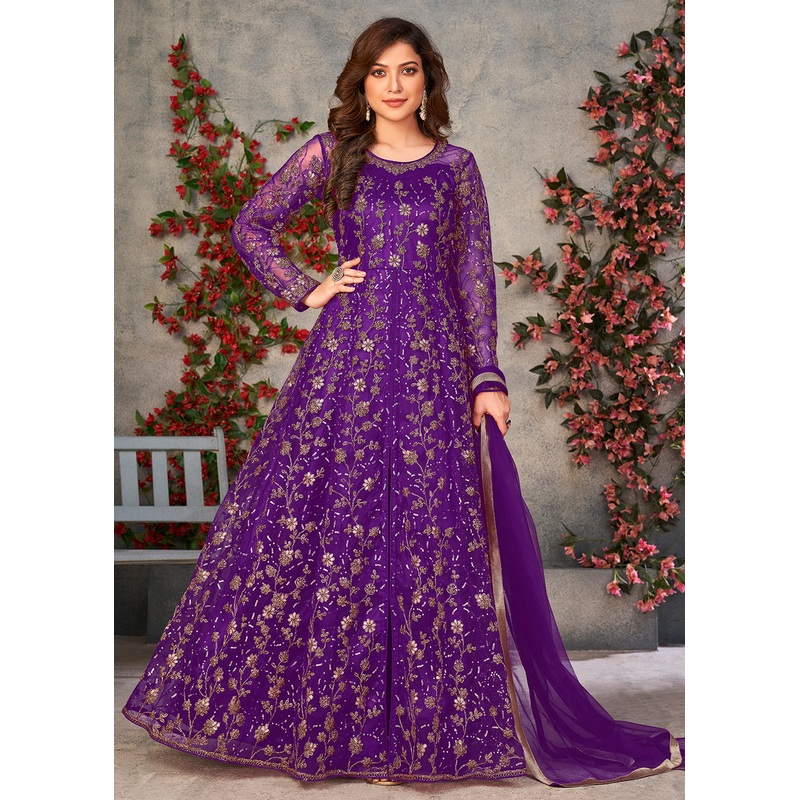 Astounding Purple Wedding Function Pant Style Anarkali Suit