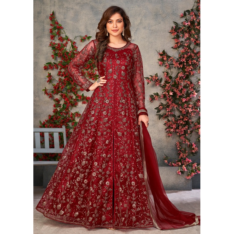 Astounding Red Wedding Function Pant Style Anarkali Suit