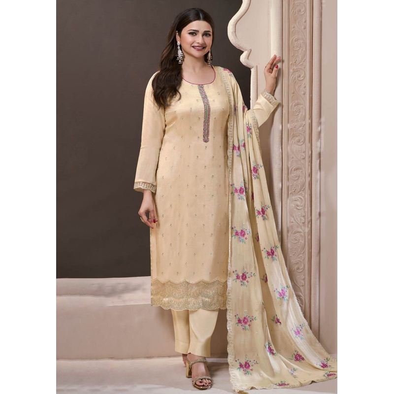 Beige Moonga Silk Embroidered Festive Style Salwar Suit
