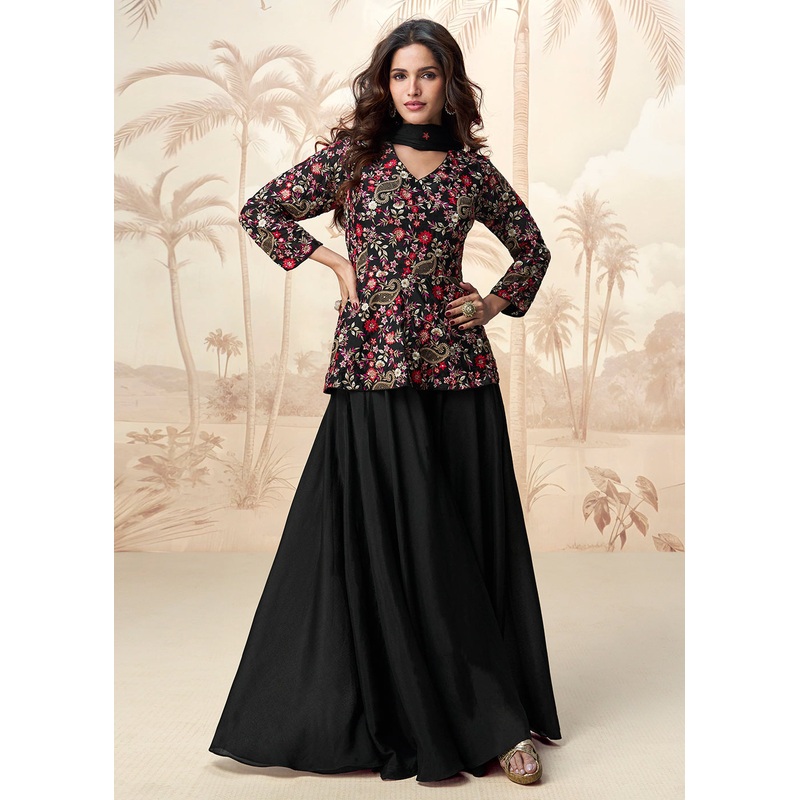 Black Digital Printed & Embroidered Palazzo Style Suit