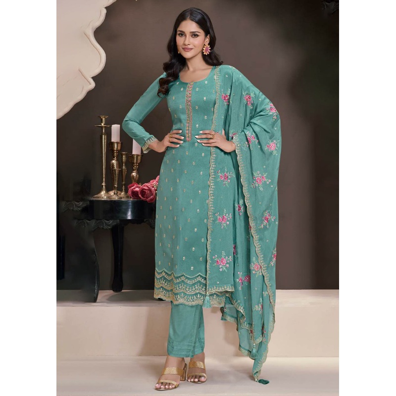 Blue Moonga Silk Embroidered Festive Style Salwar Suit