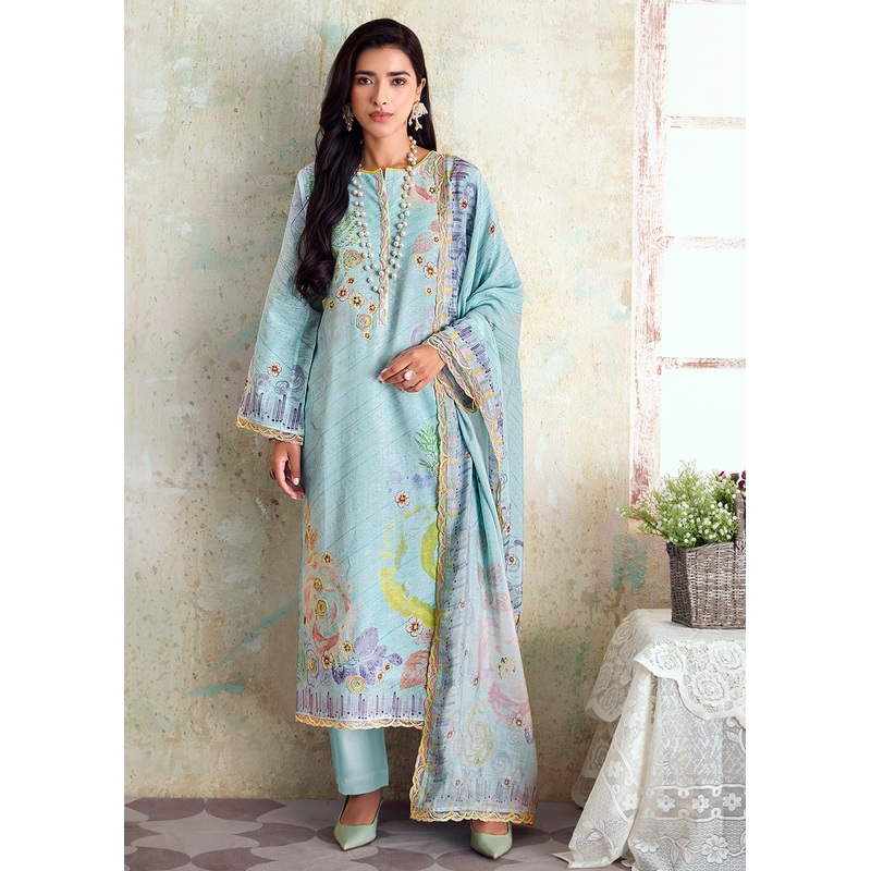 Blue Pure Linen Printed & Embroidered Pant Style Suit
