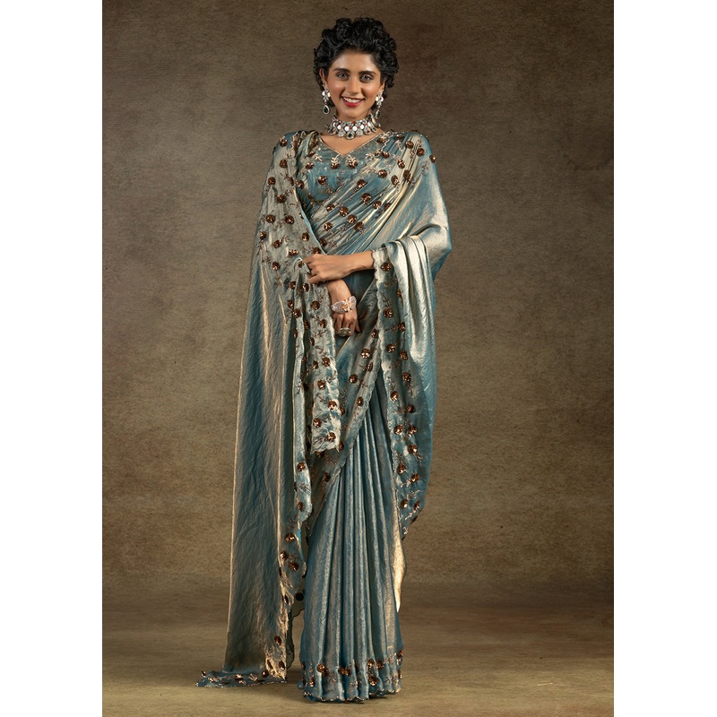 Blue Zarkan Work Embroidered Designer Party Wear Saree