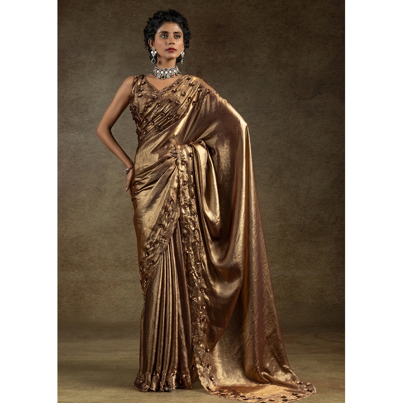 Brown Zarkan Work Embroidered Designer Party Wear Saree