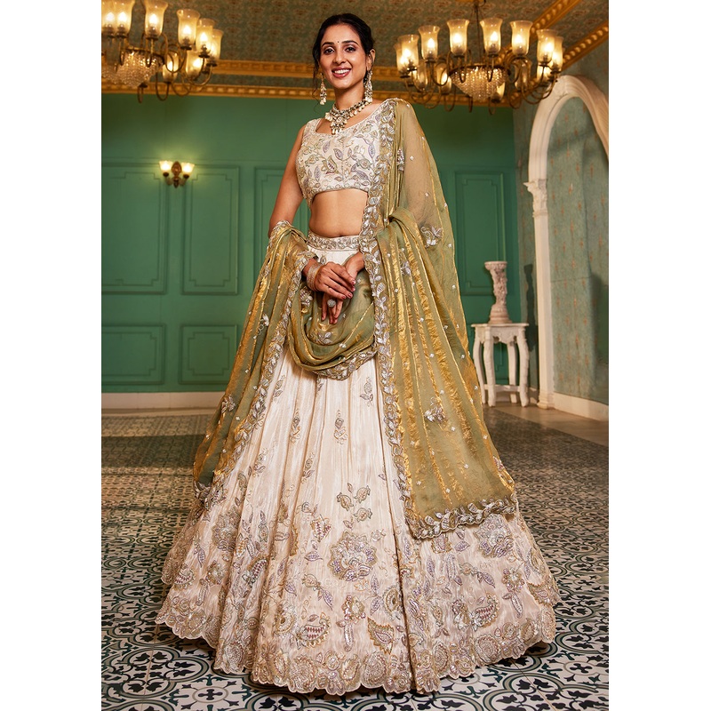 Cream & Green Tissue Embroidered Bridal Lehenga Choli