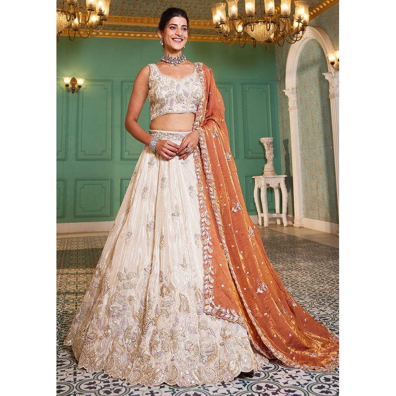 Cream & Orange Tissue Embroidered Bridal Lehenga Choli