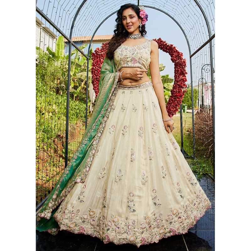 Cream with Green Dupatta Embroidered Designer Lehenga Choli